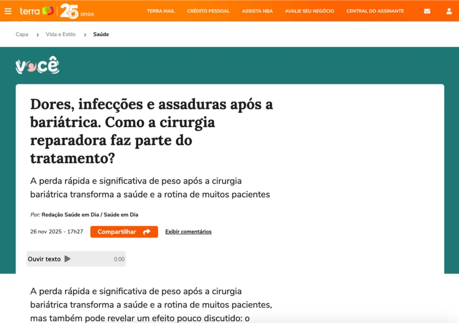 Portal Terra — Dores, infecções e assaduras após a bariátrica: como a cirurgia reparadora faz parte do tratamento
